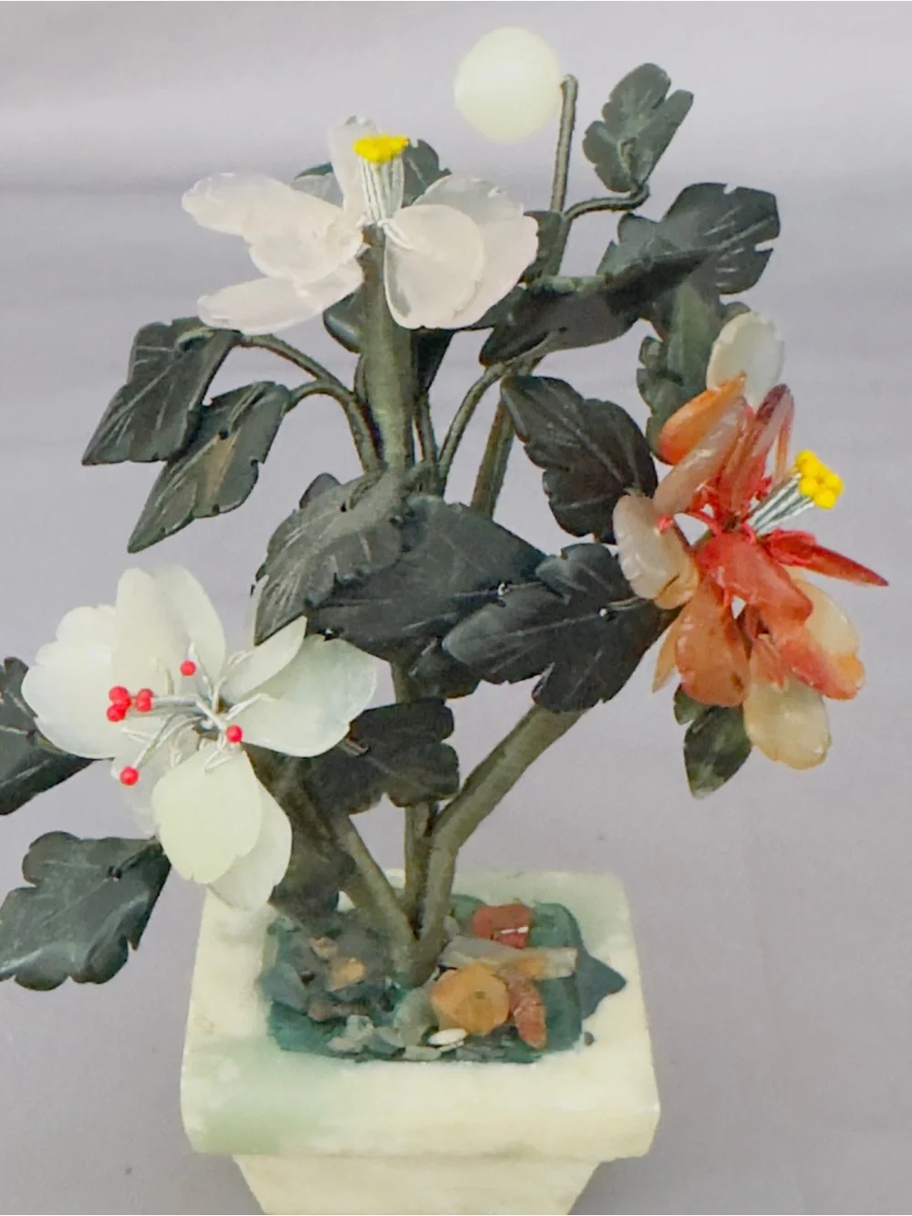 Asian Jade Hardstone Flower Bonsai Trees Jade Planter Pair - White and Orange